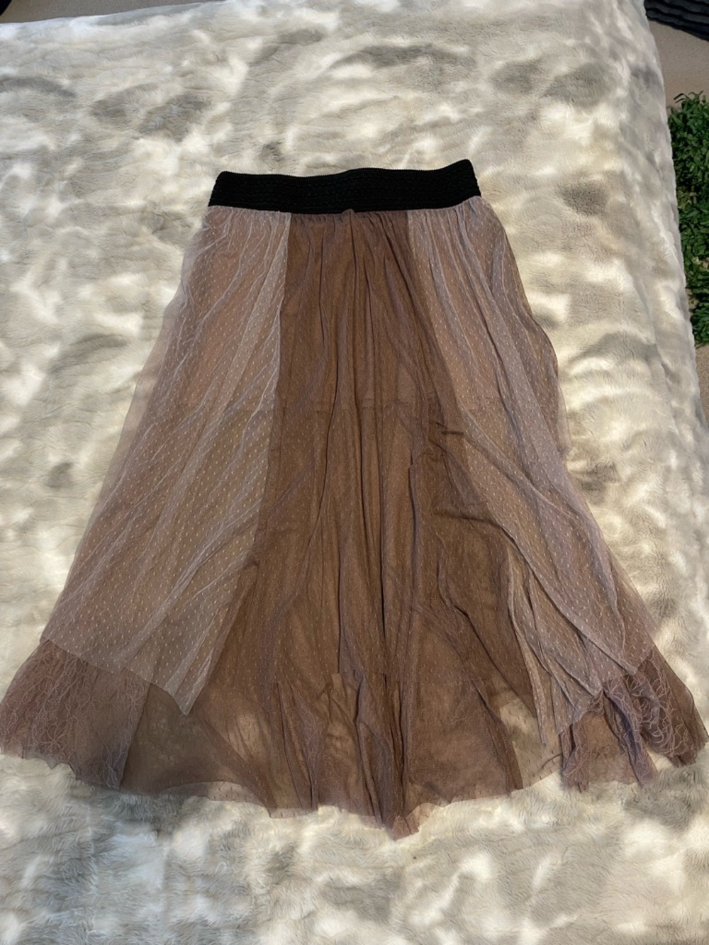 Free People Brown Sheer Layered Midi Skirt with Black Waistband